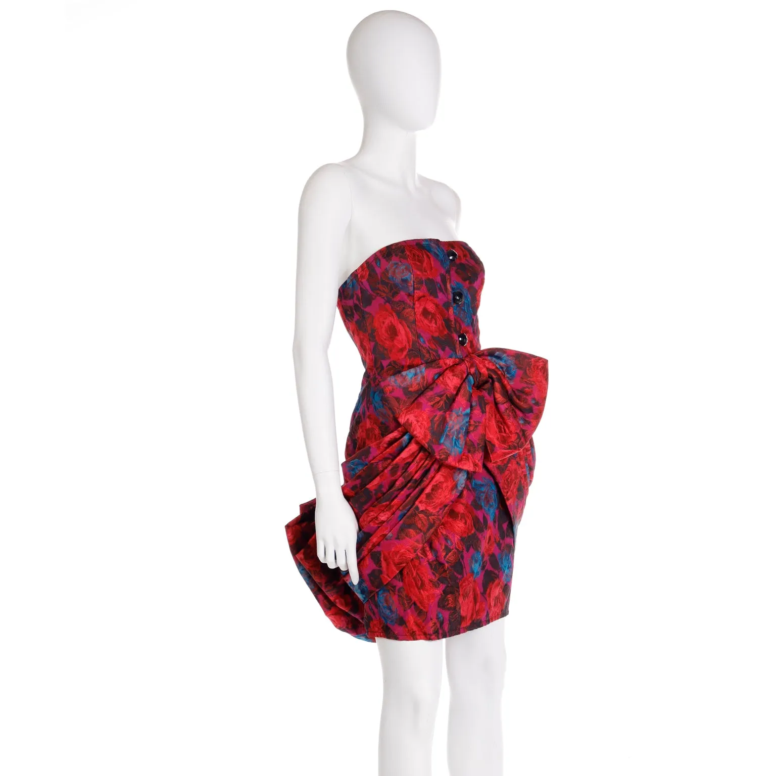 1980s Odicini Couture Red Floral Silk Strapless Draped Bow Mini Evening Dress