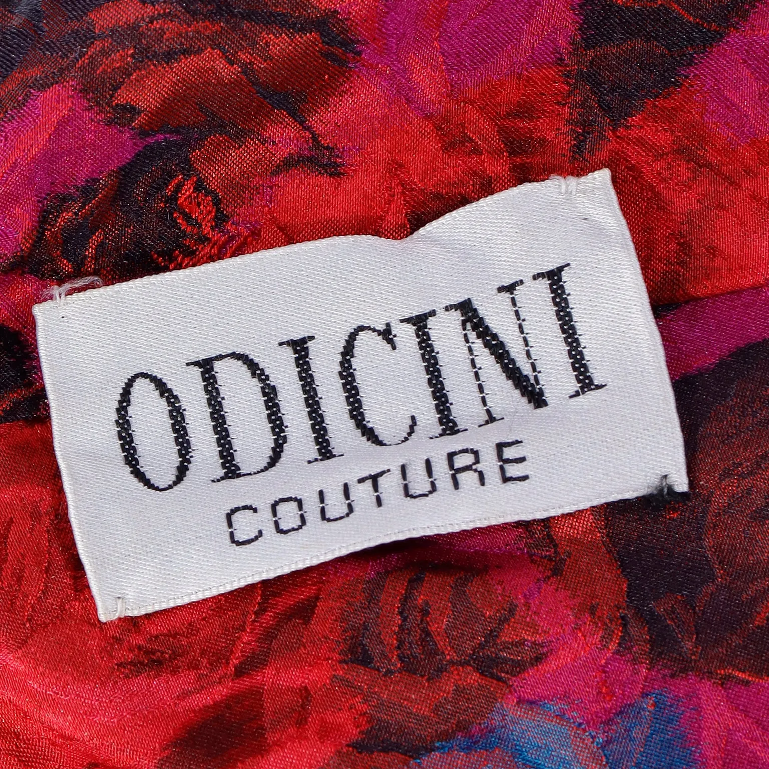 1980s Odicini Couture Red Floral Silk Strapless Draped Bow Mini Evening Dress