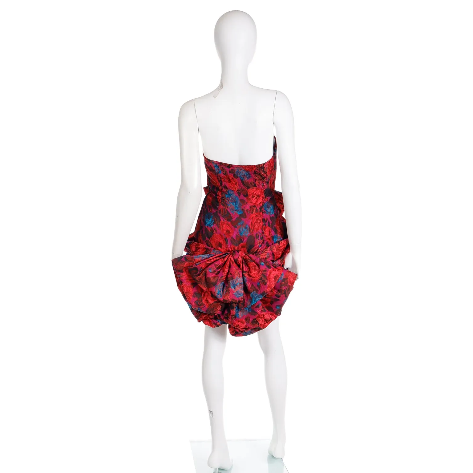 1980s Odicini Couture Red Floral Silk Strapless Draped Bow Mini Evening Dress