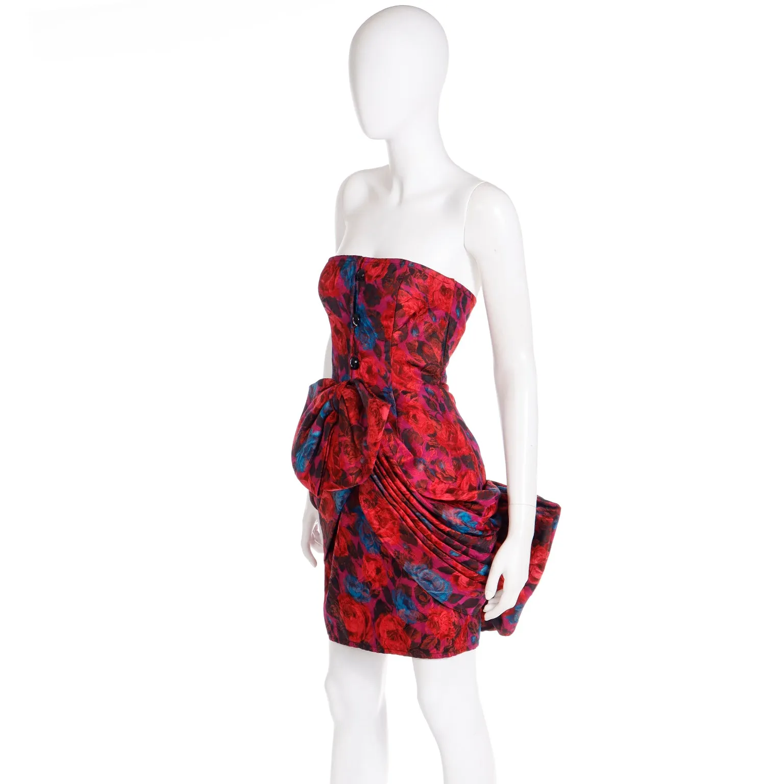 1980s Odicini Couture Red Floral Silk Strapless Draped Bow Mini Evening Dress