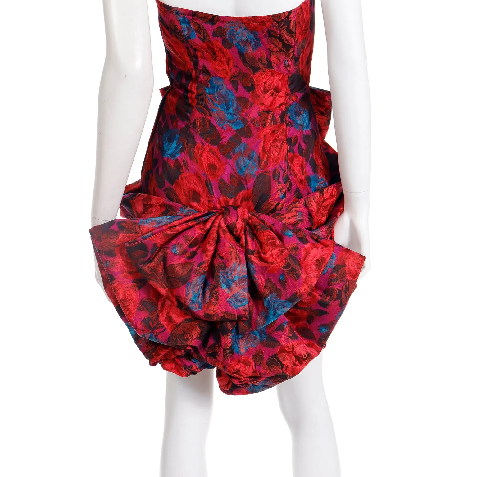 1980s Odicini Couture Red Floral Silk Strapless Draped Bow Mini Evening Dress