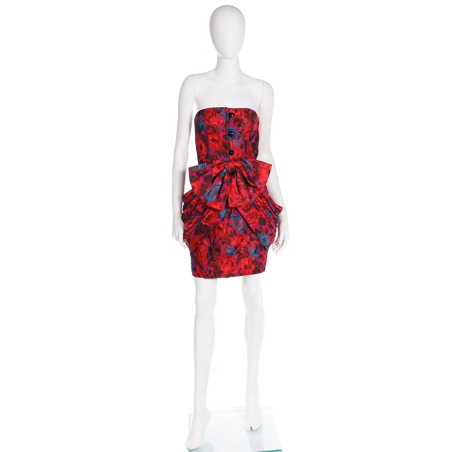 1980s Odicini Couture Red Floral Silk Strapless Draped Bow Mini Evening Dress