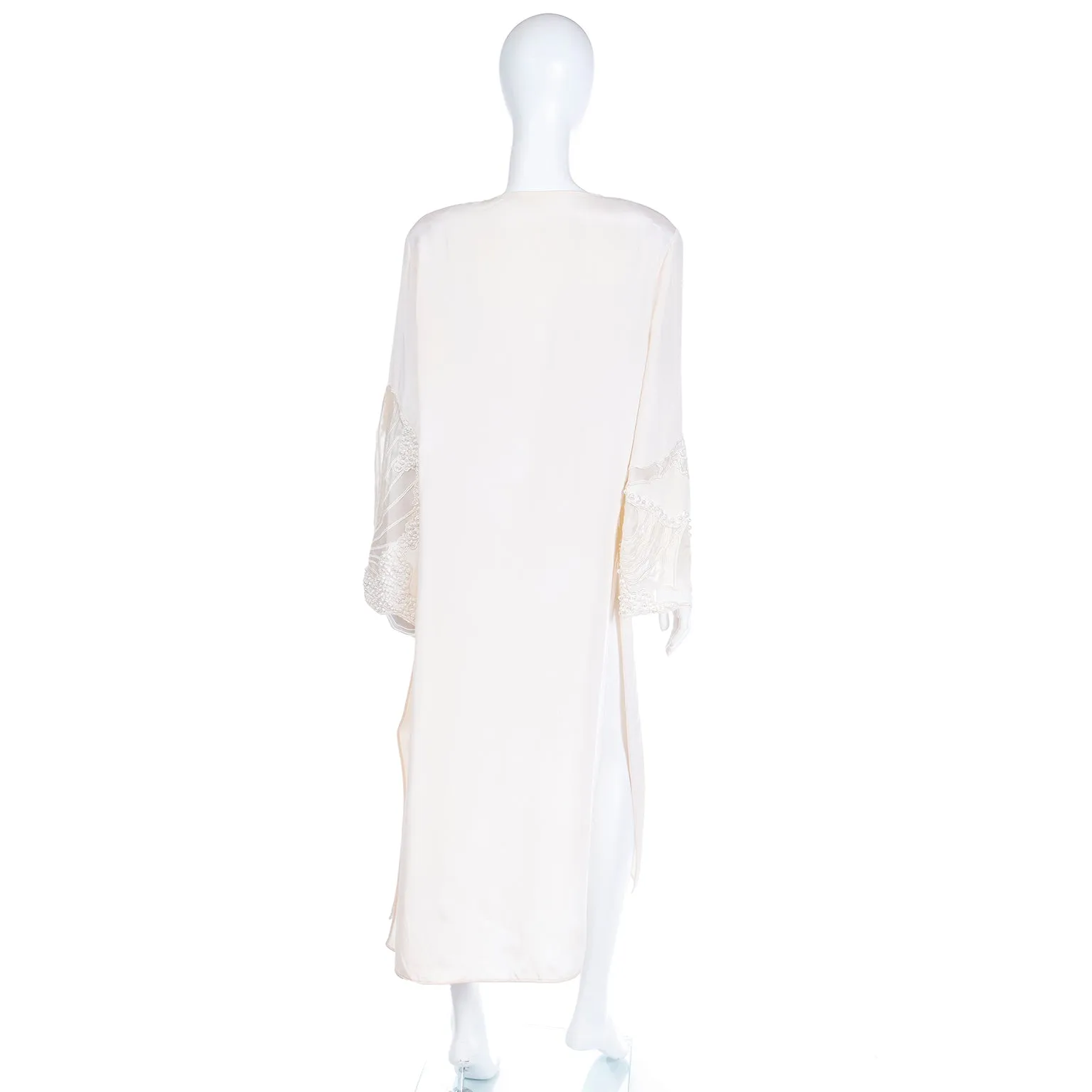 1990s Laura Biagiotti Ivory Caftan Style Tunic Dress W Embroidery and Pearls