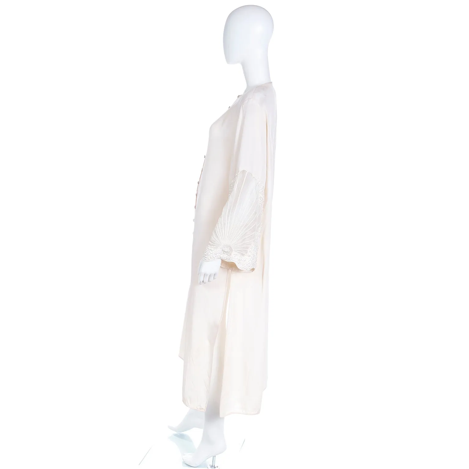 1990s Laura Biagiotti Ivory Caftan Style Tunic Dress W Embroidery and Pearls