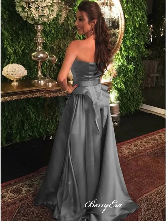 2020 Strapless Long Prom Dresses, Satin Prom Dresses, A-line Prom Dresses