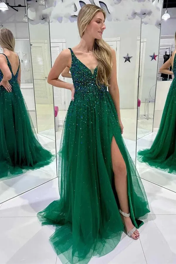 A-line Dark Green Sequined Tulle V Neck Prom Dresses