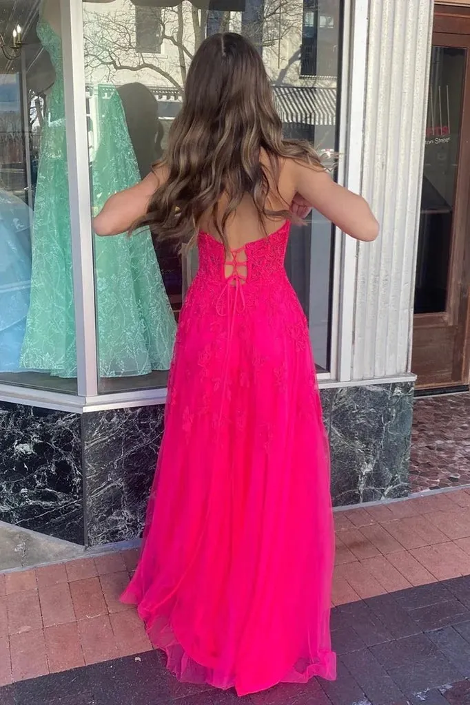 A-line Long Hot Pink Strapless Floral Appliques Prom Dresses