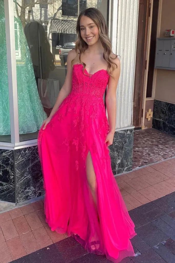 A-line Long Hot Pink Strapless Floral Appliques Prom Dresses