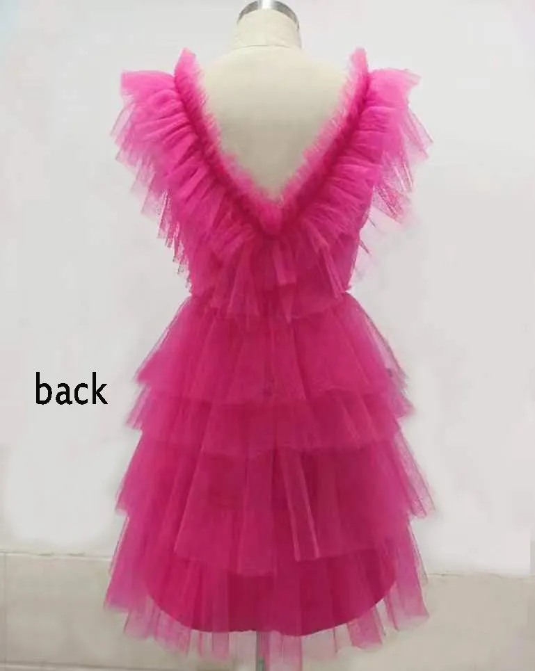 A Line Pink Homecoming Dress, V Neck Tiered Homecoming Dresses, Tulle Short Prom Party Gwons