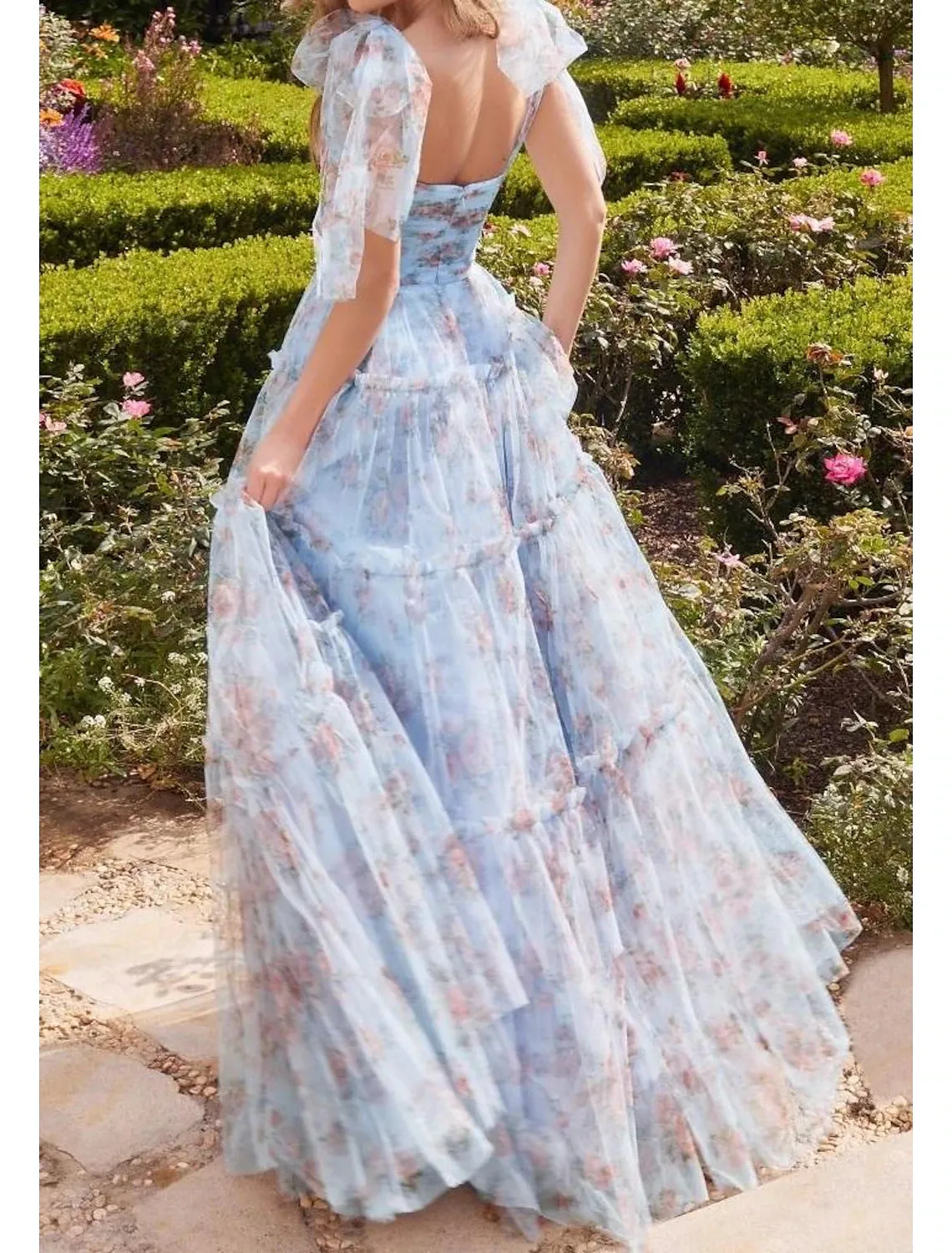 A-Line Prom Dresses Blue Princess Dress Prom Court Train Sleeveless Chiffon with Floral Ruffles Print