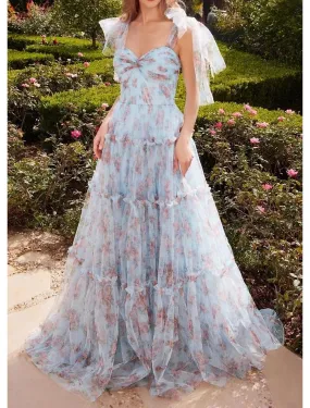 A-Line Prom Dresses Blue Princess Dress Prom Court Train Sleeveless Chiffon with Floral Ruffles Print