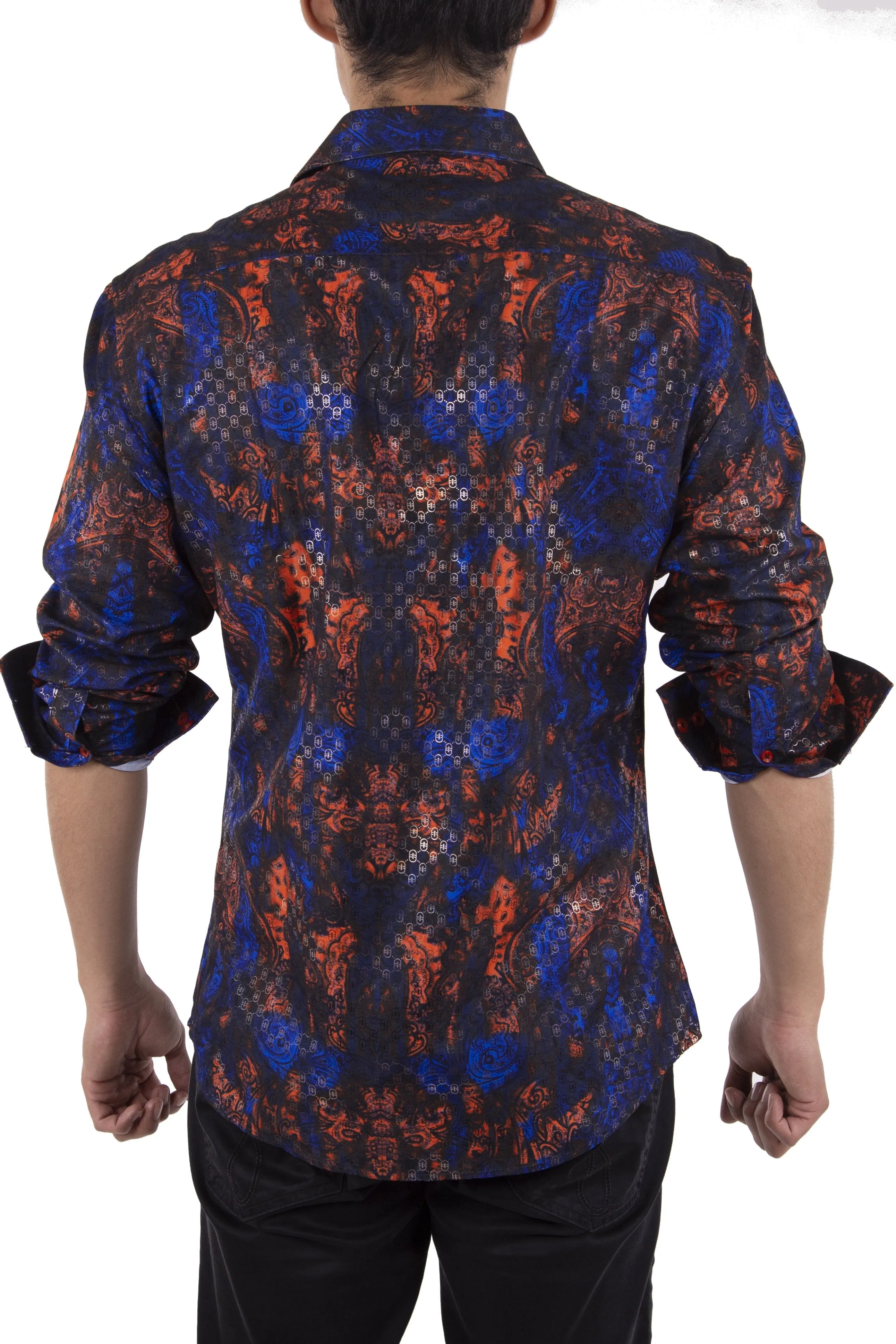 Abstract Orange and Blue Button Up Long Sleeve Dress Shirt