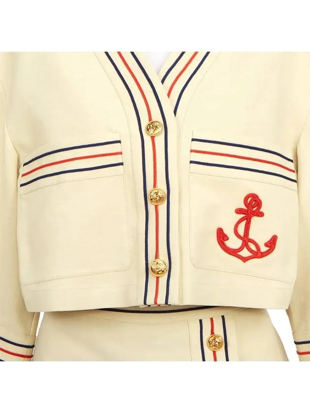 Anchor Applique Cropped Cardigan Beige