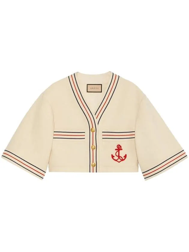 Anchor Applique Cropped Cardigan Beige