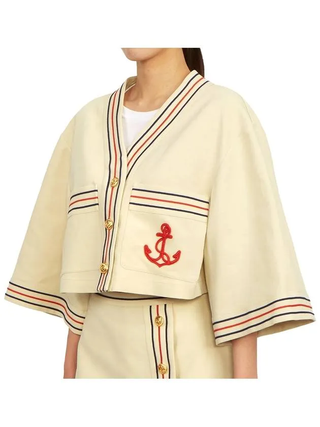 Anchor Applique Cropped Cardigan Beige