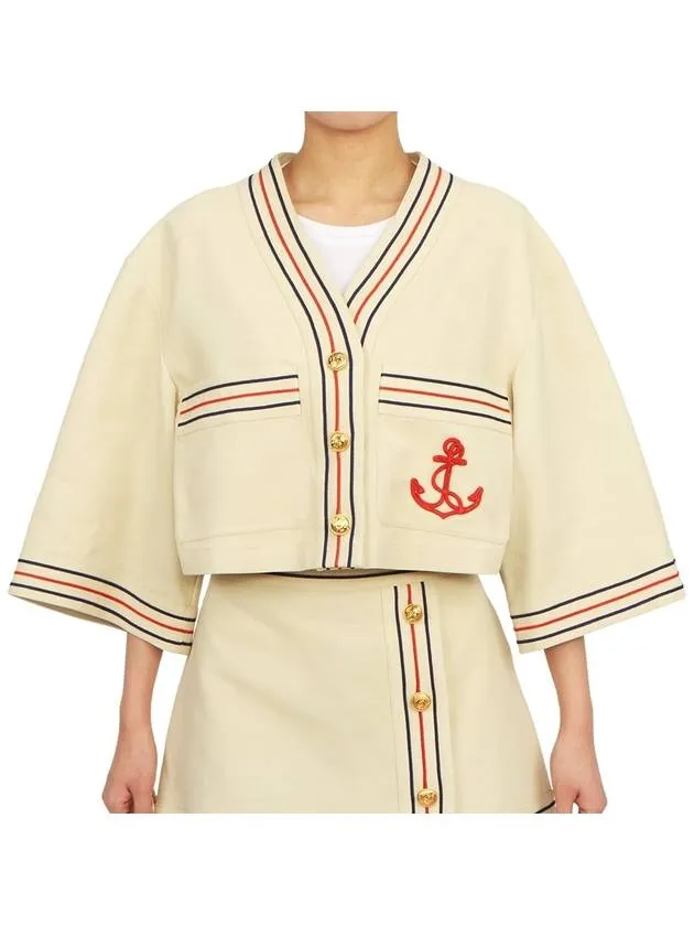 Anchor Applique Cropped Cardigan Beige