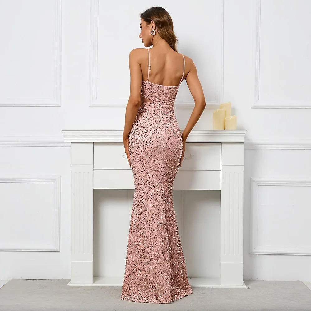 Backless Pink Sequin Dress Sexy Party Evening Dresses Luxury Velvet Stretch Off Shoulder Cocktail Prom Dress