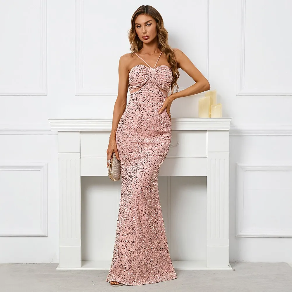 Backless Pink Sequin Dress Sexy Party Evening Dresses Luxury Velvet Stretch Off Shoulder Cocktail Prom Dress