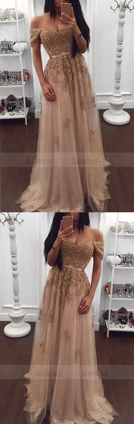 Beaded Sweetheart Tulle Prom Dresses Off-the-shoulder Evening Gowns