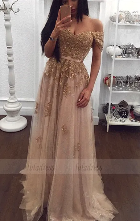 Beaded Sweetheart Tulle Prom Dresses Off-the-shoulder Evening Gowns