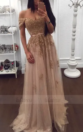 Beaded Sweetheart Tulle Prom Dresses Off-the-shoulder Evening Gowns