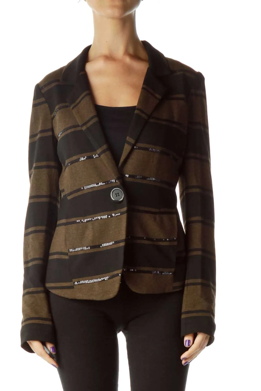 Black Brown Stripe Sequin Detailed Jacket