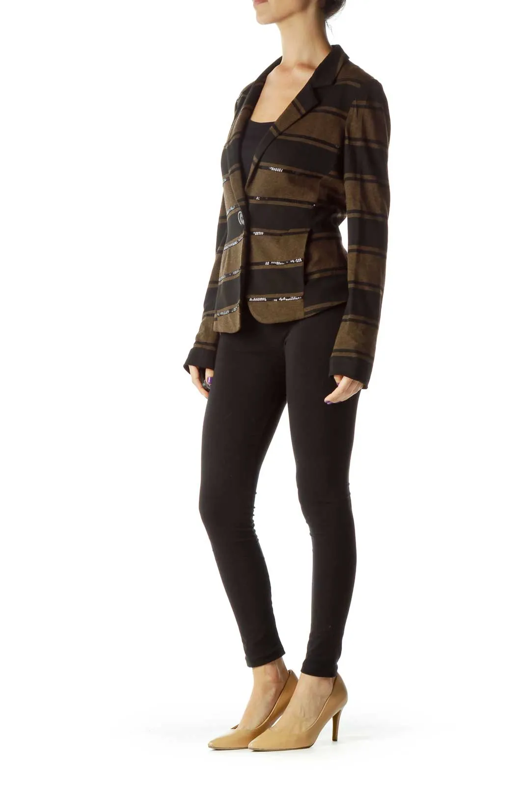 Black Brown Stripe Sequin Detailed Jacket