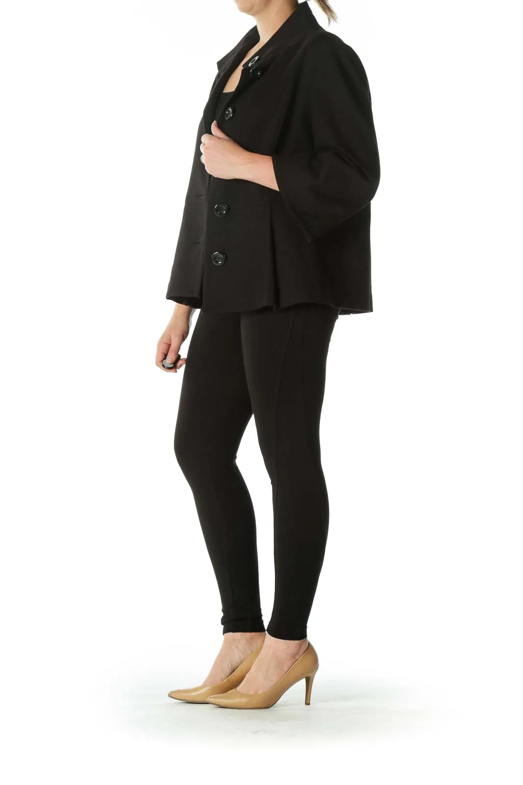 Black Buttoned Pocketed High-Neck Blazer