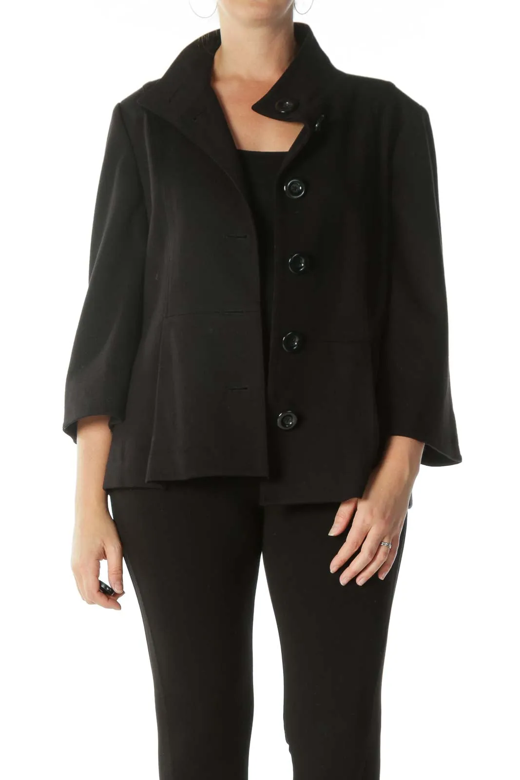 Black Buttoned Pocketed High-Neck Blazer