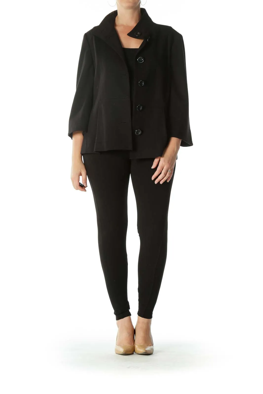 Black Buttoned Pocketed High-Neck Blazer