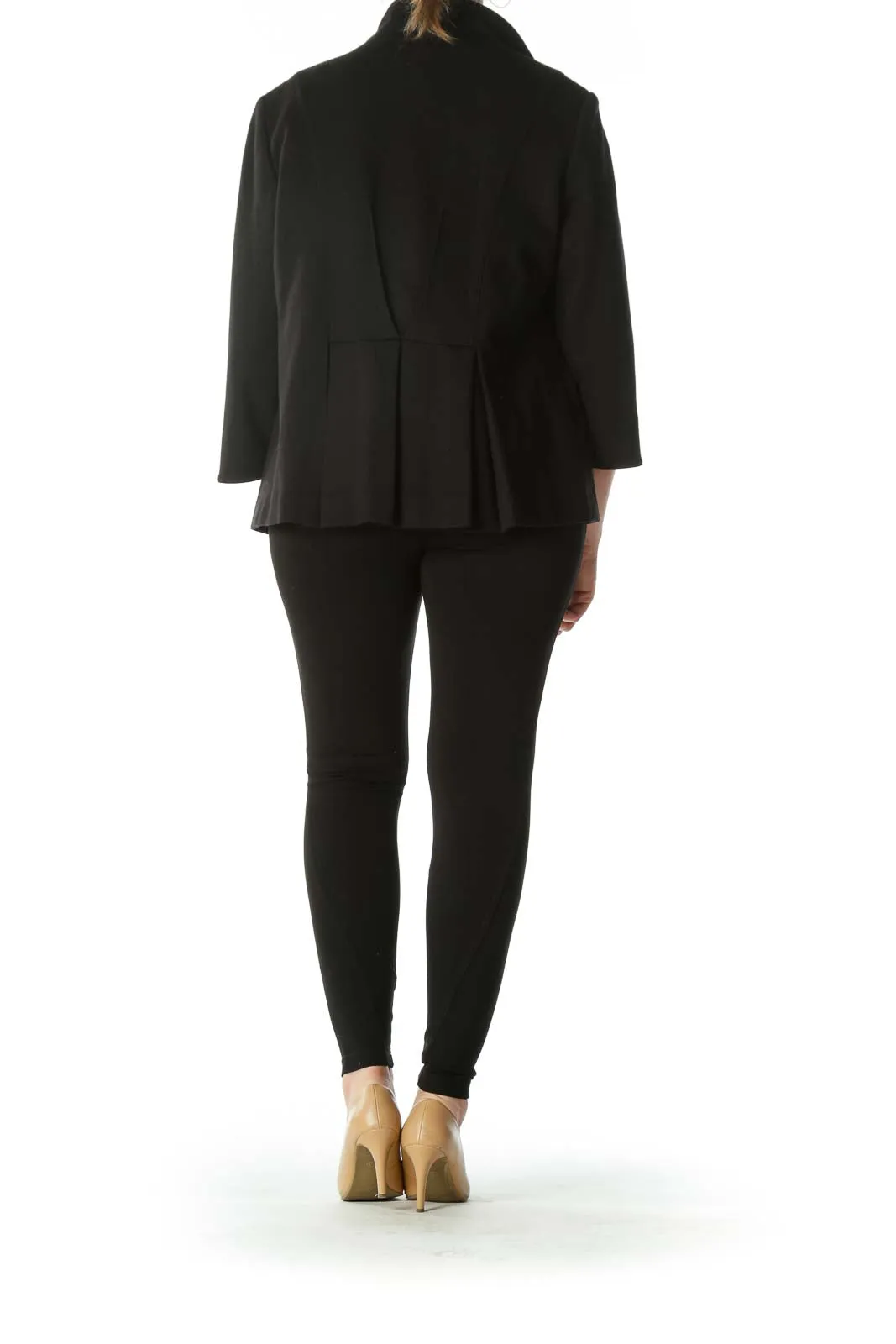 Black Buttoned Pocketed High-Neck Blazer