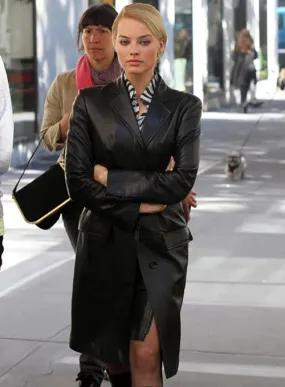 Black Long Leather Coat Worn By Margot Robbie