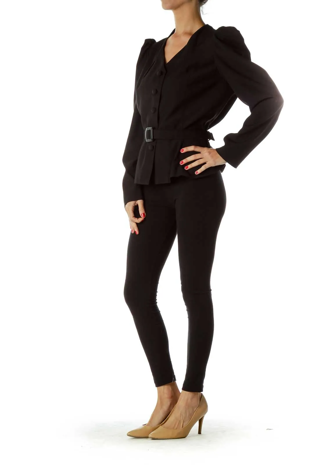 Black Puff Shoulder Belted Blazer