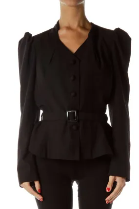 Black Puff Shoulder Belted Blazer