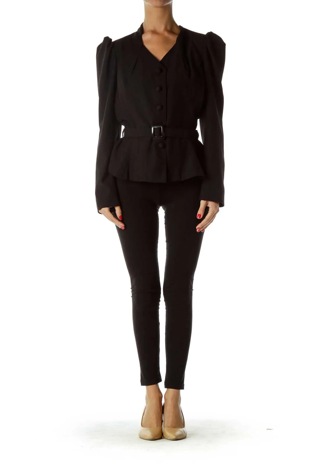 Black Puff Shoulder Belted Blazer