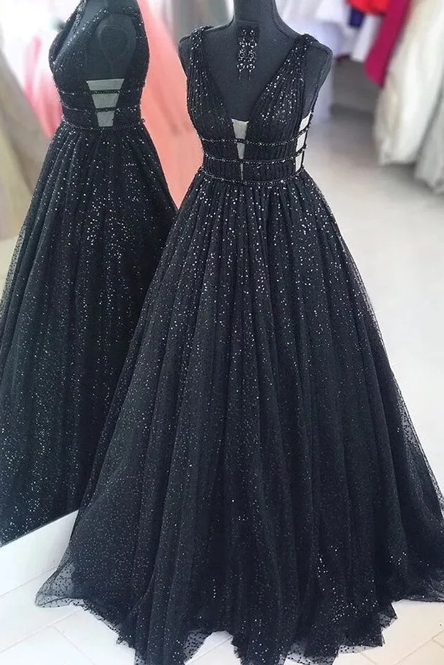 Black Sparkly V-neck For Mal Prom Dresses Pretty Princess Dresses For Teens