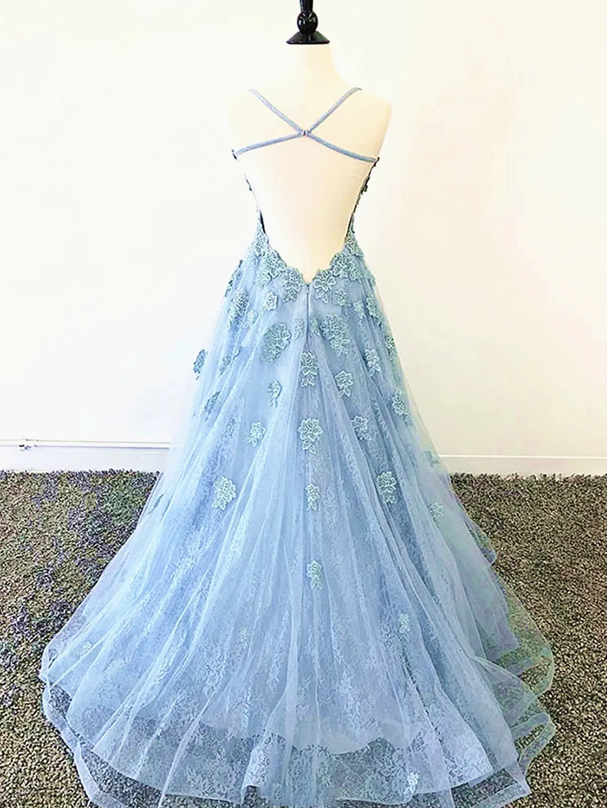 Blue Backless Lace Prom Dresses, Open Back Blue Lace Formal Evening Graduation Dresses