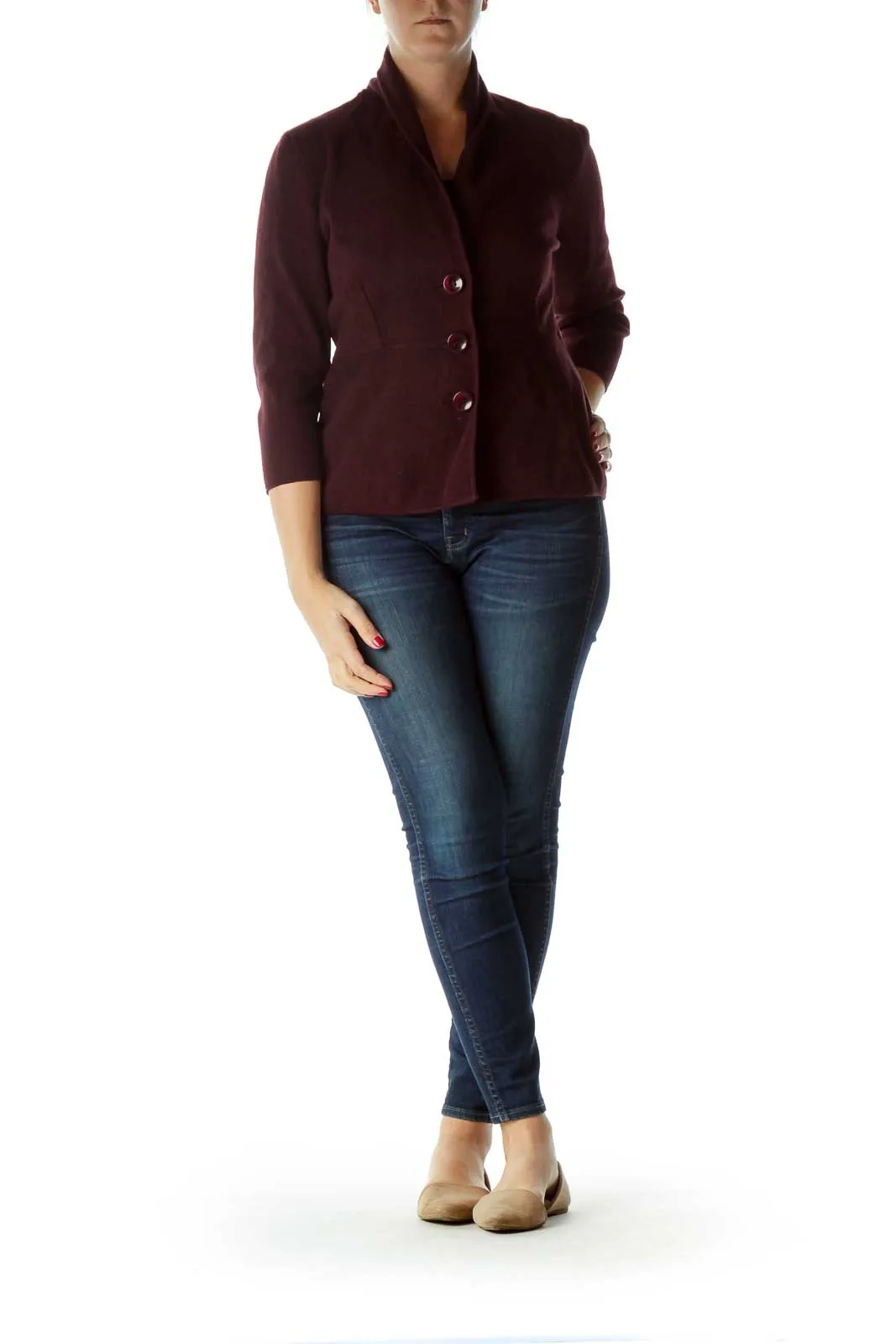 Burgundy Buttoned V-Neck Blazer