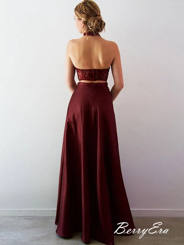 Burgundy Prom Dresses, Two Pieces Long Prom Dresses, Lace Prom Dresses