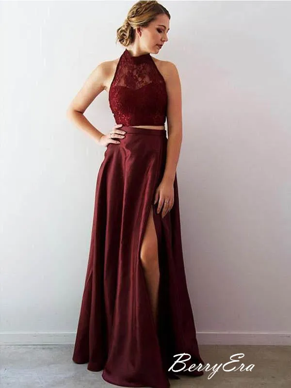 Burgundy Prom Dresses, Two Pieces Long Prom Dresses, Lace Prom Dresses