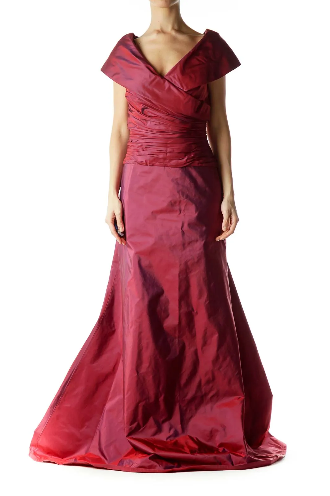 Burgundy Scrunch Detail V-neck Gown