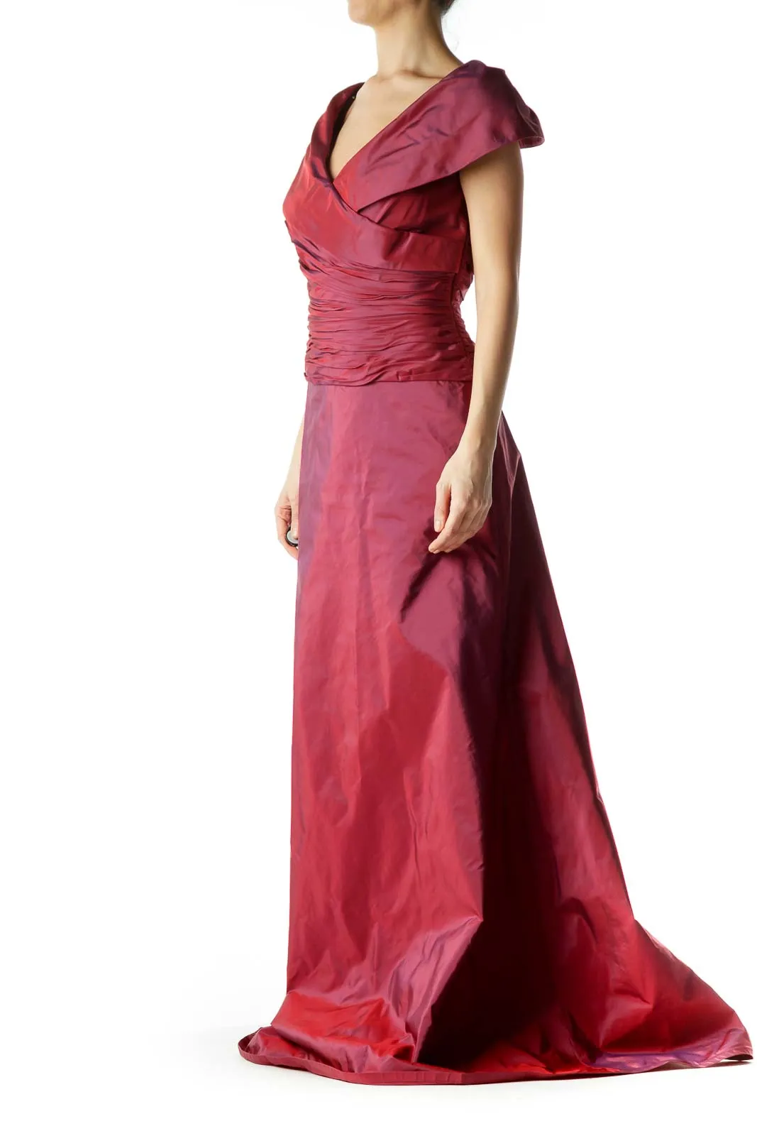 Burgundy Scrunch Detail V-neck Gown