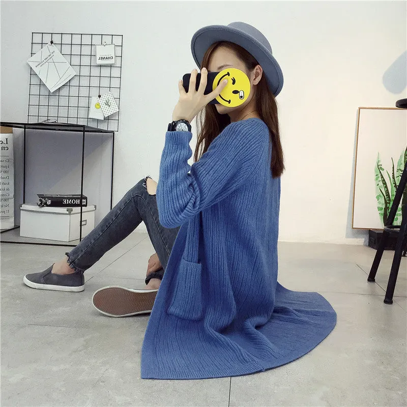 Candy Color Pockets Long Open Knitwear Cardigan