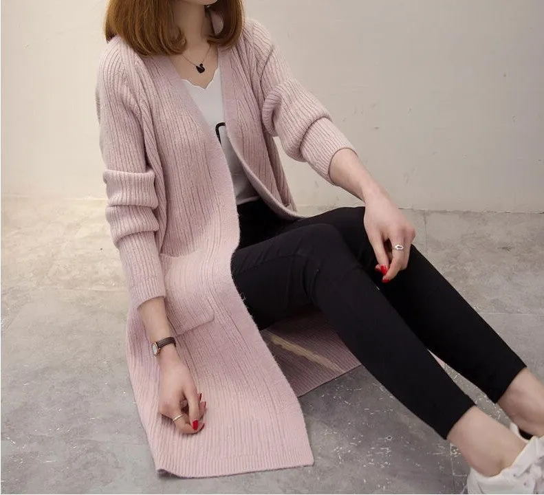 Candy Color Pockets Long Open Knitwear Cardigan