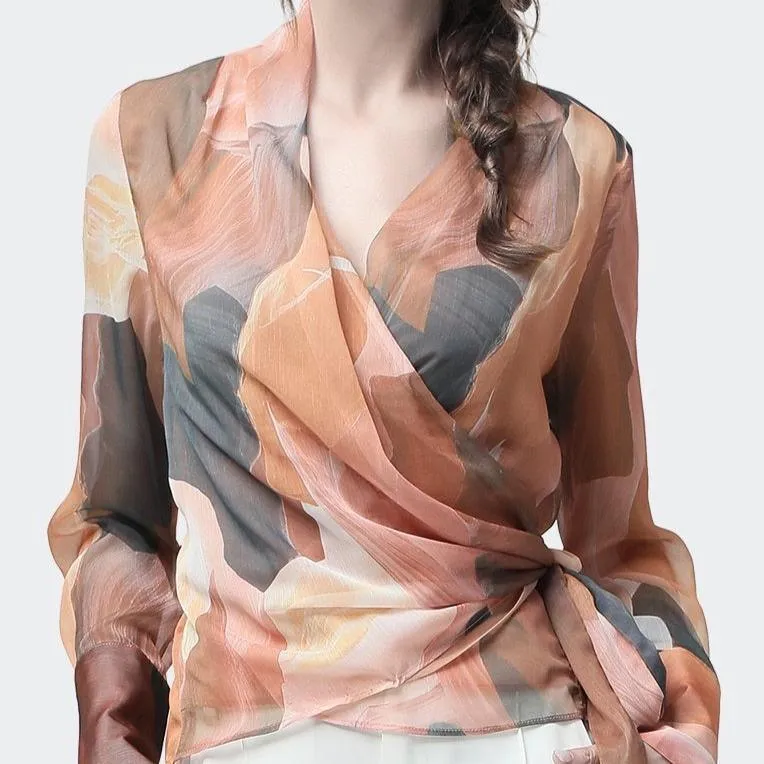 Chiffon Women Top Artistic Orange Print Blouses