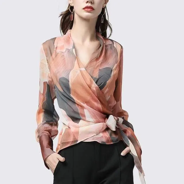 Chiffon Women Top Artistic Orange Print Blouses