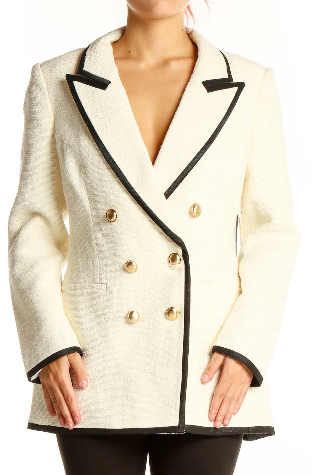 Cream Double-Breasted Blazer with Black Trim