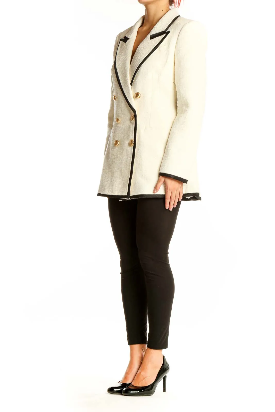 Cream Double-Breasted Blazer with Black Trim