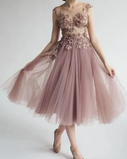 Dusty Pink Tulle Appliques Dresses Tea Length A-Line Princess Evening Dresses