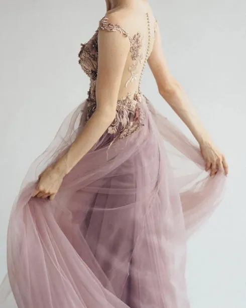 Dusty Pink Tulle Appliques Dresses Tea Length A-Line Princess Evening Dresses